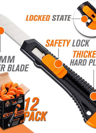 REXBETI 12-Pack Utility Knife, Retractable Box Cutter for Cartons, Cardboard and Boxes, 18mm Wider Razor Sharp Blade, Smooth Mechanism, Perfect for Office and Home use