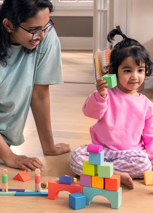 LOVEVERY | The Block Set | Solid Wood Building Blocks and Shapes + Wooden Storage Box, 70 Pieces, 18 Colors, 20+ Activities, Toddler Block Set and Converts into a Pull Car, Ages 12 to 48+ months