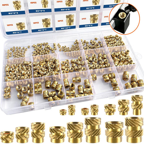 400Pcs Metric Heat Set Insert, M2 M2.5 M3 M4 M5 M6 Female Thread Knurled Nuts Assortment Kit, Brass Threaded Inserts for Plastic and 3D Printing Components (Threaded Inserts Ket)