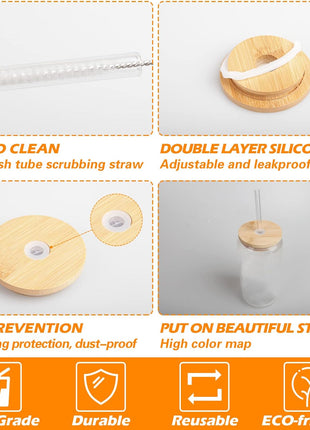 WISIMMALL Drinking Glasses with Bamboo Lids and Glass Straw 2PCS Set, 16oz Glass Cups with Lids and Straws, Beer, Iced Coffee Glasses, Soda, Gift 1 Cleaning Brushes