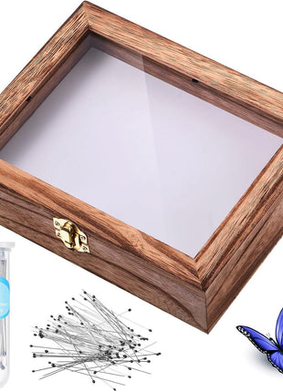 Insect Display Case Box Collection Box with Clear Top, EVA Foam Pinning Board and 100 Pieces Pins Insect Shadow Box Kit Entomology Supplies for Collecting Butterfly Specimen(Carbonized Black)