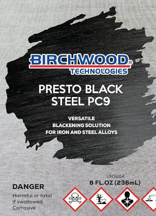 Birchwood Technologies Presto Black STEEL PC9 - versatile blackening solution for iron and steel alloys traditional patina blue and black oxide touch-up (8 oz)