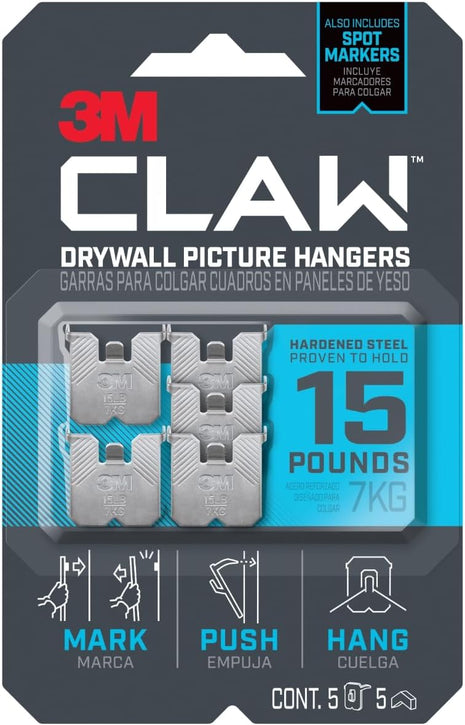 3M Claw 15 lb. Drywall Picture Hanger with Spot Markers, Heavyweight Hanging Solution for Room Decor and Office Decor, Including Mirrors or Large Art – 5 Pack