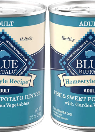 Blue Buffalo Homestyle Recipe Adult Wet Dog Food,Made with Natural Ingredients,Fish & Sweet Potato Dinner with Garden Vegetables,12.5-oz can,(Pack of 24)