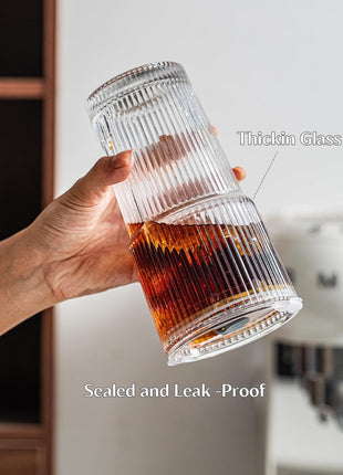 INSETLAN 20 oz Ribbed Glass Tumblers with Lids and Glass Straws – 4-Piece Glassware Set, Thickened Wall, Ideal for Iced Coffee, Smoothies, Cocktails, and Juices – Elegant and Durable Drinkware