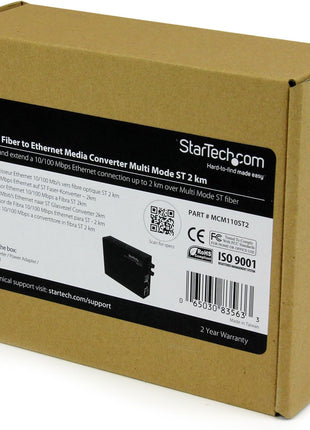 StarTech.com 10/100 Mbps Ethernet to Fiber Optic Media Converter - ST Multimode - 1310nm - 2km - Full/Half Duplex , TAA (MCM110ST2)