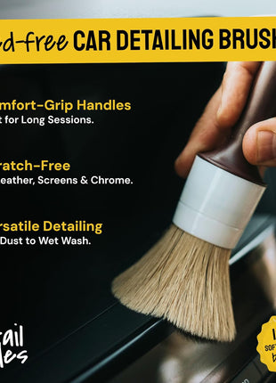 Car Detailing Brush Set 3-pc - Scratch-Free Boars Hair for Interior and Exterior Work - Pro Quality Car Cleaning Brush Kit for Leather Seats, Dashboards, Wheels, Grills and Paint
