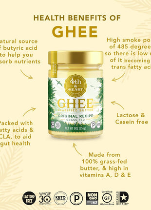 4th & Heart Original Grass-Fed Ghee, Clarified Butter, 1:1 Butter Substitute, Pasture-Raised, Lactose & Casein Free, 9 oz