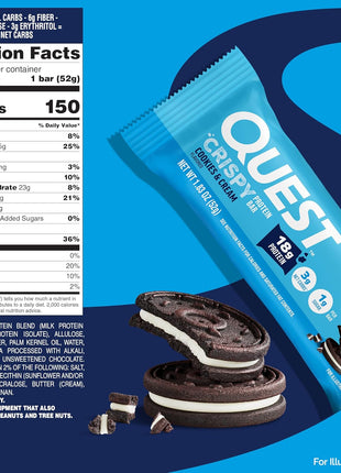 Quest Nutrition Crispy Cookies & Cream Hero Protein Bar, 18g Protein, 1g Sugar, 3g Net Carb, Gluten Free, Protein Snack, Keto Friendly, 12 Count