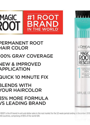 L'Oreal Paris Magic Root Rescue 10 Minute Root Hair Coloring Kit, Permanent Hair Color with Quick Precision Applicator, 100 percent Gray Coverage, 4 Dark Brown, 2 count