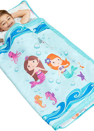 EVERYDAY KIDS Toddler Nap Mat with Removable Pillow -Underwater Mermaids- Carry Handle with Fastening Straps Closure, Rollup Design, Soft Microfiber for Preschool, Daycare Sleeping Bag, Ages 2-6 years