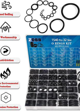 32 Size 1540 Pcs O Rings Assortment Kit Metric Nitrile Rubber Oring Set with 4 Pick for Automotive Faucet Pressure Washer Plumbing Air or Gas Repair OD 4mm-50mm