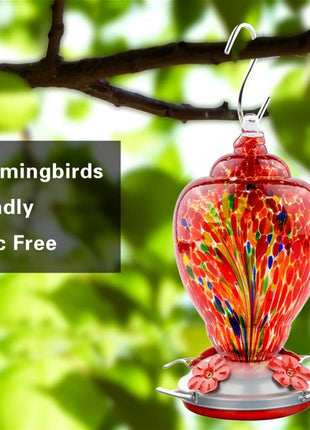 WOSIBO Hummingbird Feeder for Outdoors Patio Large 32 Ounces Colorful Hand Blown Glass Hummingbird Feeder with Ant Moat Hanging Hook, Rope, Brush and Service Card (RED-Firework)