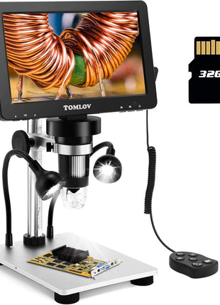 TOMLOV DM9 7" Digital Microscope: 1080P 1200X Coin Microscope Magnifier, 12MP Ultra-Precise Focusing LCD Soldering Microscopes for Adults, PC View, 16GB