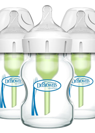 Dr. Brown's Natural Flow Anti-Colic Options+ Wide-Neck Glass Baby Bottles 5 oz/150 mL, with Level 1 Slow Flow Nipple, 3 Pack, 0m+