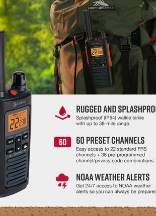 Cobra RX680 Walkie Talkies (2-Pack) - Rugged & Splashproof Two Way Radios Long Range, IP54 Water Resistant Design, 60 Pre-Programmed Channels, Weather Alerts, Included Charging Dock (Black/Orange)