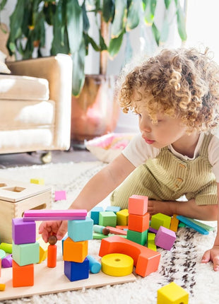LOVEVERY | The Block Set | Solid Wood Building Blocks and Shapes + Wooden Storage Box, 70 Pieces, 18 Colors, 20+ Activities, Toddler Block Set and Converts into a Pull Car, Ages 12 to 48+ months