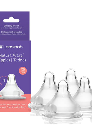 Lansinoh NaturalWave Baby Bottle Nipples, Extra Slow Flow, Size XS, 0+ Months, 4 Count 100% Soft, Durable Silicone, Made Without BPA BPS, Anti-Colic, Supports Baby's Developing Mouth and Teeth