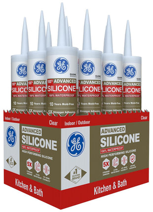 GE Advanced Silicone Caulk for Kitchen & Bathroom, White, 10 fl oz Cartridge, 1 Pack - 100% Waterproof Silicone Sealant, 5X Stronger Adhesion, Shrink & Crack Proof