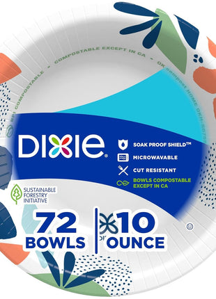 Dixie Small Paper Bowls, 10 Oz, 72 Count, Microwave-Safe, Soak-Proof, Disposable Bowls Great For Snacks, Dessert, And Light Lunch Meals