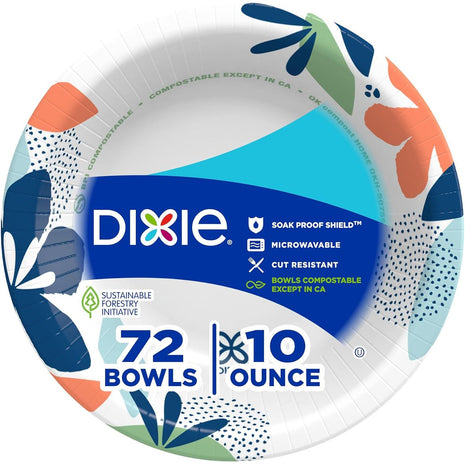 Dixie Small Paper Bowls, 10 Oz, 72 Count, Microwave-Safe, Soak-Proof, Disposable Bowls Great For Snacks, Dessert, And Light Lunch Meals
