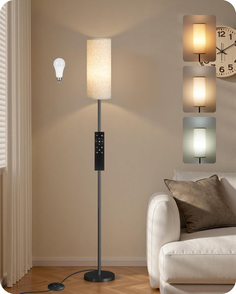 64.4 inch Dimmable Floor Lamp for Living Room with Remote and Foot Switch, Modern Standing Tall Lamp, Corner Floor Lamp for Bedroom, 10W 900LM LED Bulb Included, 3000K-6500K, Beige, FCC Listed E06LD05W1