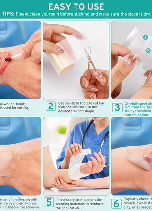 Hydrocolloid Roll for Wound Care Skin-Friendly Self Adhesive 2in x 12ft | Cut-to-Size Waterproof Hydrocolloid Bandages with Flexible Fit for Minor Wounds, Blisters, Pimples, and Friction