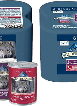Blue Buffalo Wilderness High Protein Beef and Chicken & Salmon and Chicken Wet Dog Food Variety Pack for Adult Dogs,Grain-Free,12.5 oz Cans,(Pack of 12)