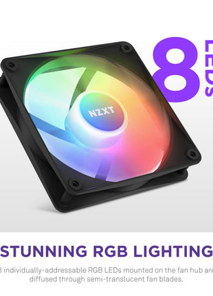 NZXT F120 RGB Core - 120mm Hub-Mounted RGB PC Case Fan - Black | 120mm RGB fan with 8 addressable LEDs and semi-transparent blades. Quiet cooling with CAM-synced lighting.