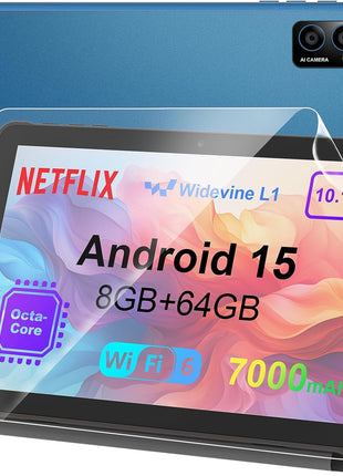 10 inch Android 15 Tablet: Octa-Core, 8GB RAM 64GB, 7000mAh, with Stand Case, IPS HD Display, Wi-Fi 6, OTG, Metal Body – Fast & Portable Tablet for Work & Entertainment, 2-Year Protection