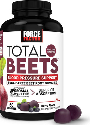 Force Factor Total Beets Gummies with Beet Root Powder, Sugar Free | Blood Pressure Support, Nitric Oxide & Energy Supplement with Liposomal Beet Powder & Grape Seed, Mixed Berry, 60 Gummies