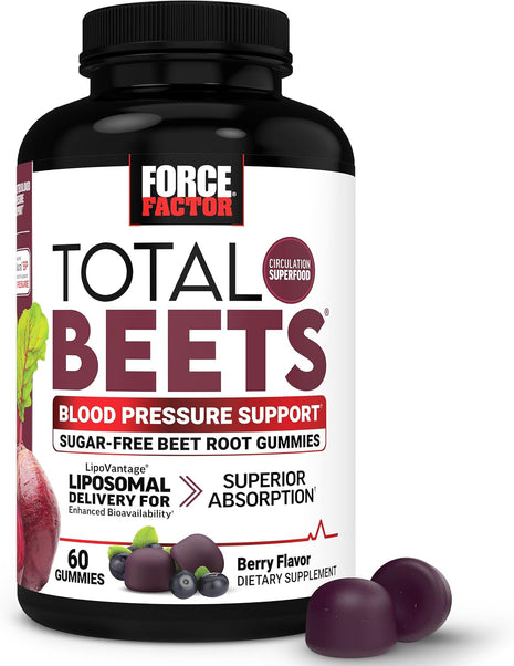 Force Factor Total Beets Gummies with Beet Root Powder, Sugar Free | Blood Pressure Support, Nitric Oxide & Energy Supplement with Liposomal Beet Powder & Grape Seed, Mixed Berry, 60 Gummies