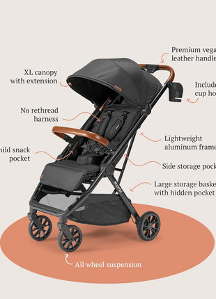 Bombi Bēbee V2 Lightweight Baby Stroller - Premium Vegan Leather, One-Hand Fold, Infinite Recline, Aircraft-Grade Aluminum Frame, XXL Canopy, and Ample Storage Umbrella Stroller - Hunter Green