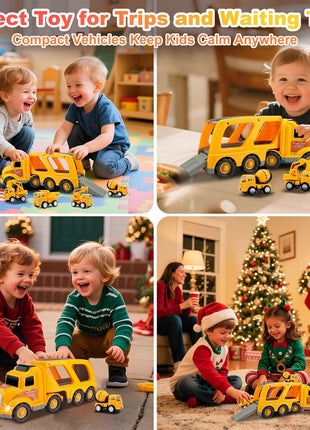Construction Truck Toys for Toddler 3-4: 5-in-1 Vehicles with Sound Lights | 13 inch Big Carrier 4 Mini Truck - Great for Little Boys Daily Repeat Play - Ideal Christmas Birthday Gifts for Boy Grandkids