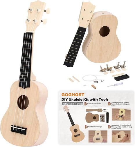 DIY Ukulele Kit with Tools(21 inch) - Build Your Own Ukulele Look, Wooden Small Hawaiian Guitar Gift for Adults