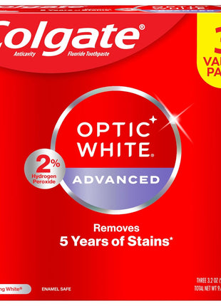 Colgate Optic White Advanced Teeth Whitening Toothpaste, 2% Hydrogen Peroxide Toothpaste, Sparkling White, 3.2 Oz, 3 Pack