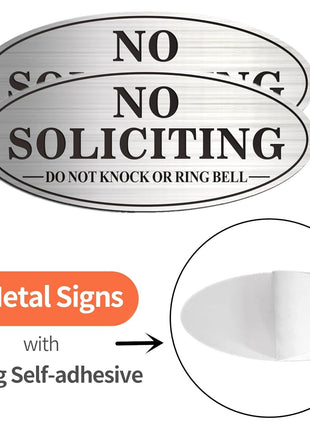 No Soliciting Sign, 2 Pack Self-Adhesive Aluminum Metal No Solitation Do Not Knock or Ring Bell Sign, 7.0 x 3.0 inches Fade Resistang Signs for Office and Home (Brushed Nickel/Black)