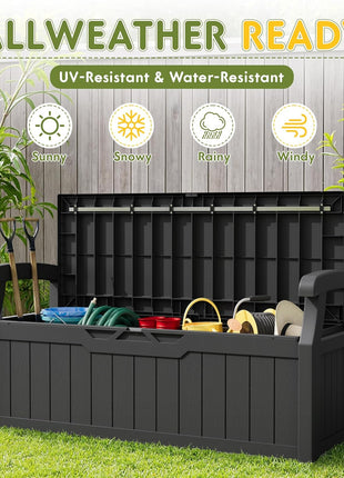 Greesum 80 Gallon Storage Bench Outdoor Deck Box with Armrest, Black | Patio Furniture,Lockable, Waterproof and UV Resistant, Suitable for Garden, Pool
