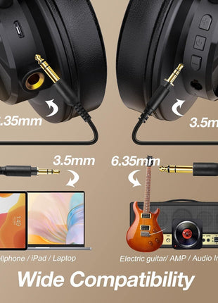 OneOdio A70 Bluetooth Over-Ear Headphones, Hi-Res Wired DJ Studio - Black | Wireless over-ear headphones with 72H playtime, 3.5mm/6.35mm wired jacks for studio monitoring, mixing, guitar, amp and PC
