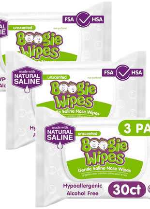 Saline Nose Wipes by Boogie, for Baby & Kids, Face, Hand & Body, Made with Vitamin E, Aloe, and Natural Saline, Unscented, 30 Count (Pack of 3)