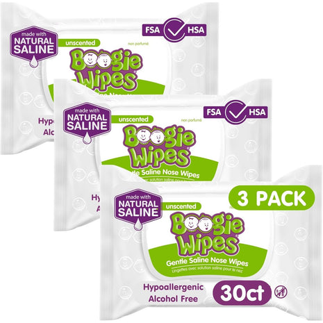 Saline Nose Wipes by Boogie, for Baby & Kids, Face, Hand & Body, Made with Vitamin E, Aloe, and Natural Saline, Unscented, 30 Count (Pack of 3)
