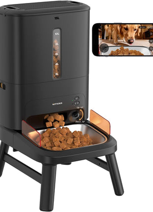 Automatic Dog Feeder for Large Breed with Camera - 15L/ 64 Cups Anti-Clog 5G WiFi Dog Food Dispenser for 2-23mm Kibble, Elevated Stand, Large Food Tray, 1080P HD Video with Night Vision, Keeps Fresh