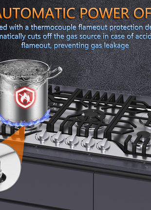 30 inch Gas Cooktop, Bulit-in Gas Stove Top with 5 Burner, NG/LPG Convertible Cooktops, 5 Burner Propane Cooktop with Thermocouple Protection, Stainless Steel