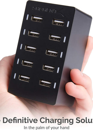 SABRENT 60W 10-Port USB Charging Station, Auto-Detect (AX-TPCS) | 12A family-sized desktop rapid charger; smart auto-detect USB ports; UL certified; black; usb power strip; usb charging hub