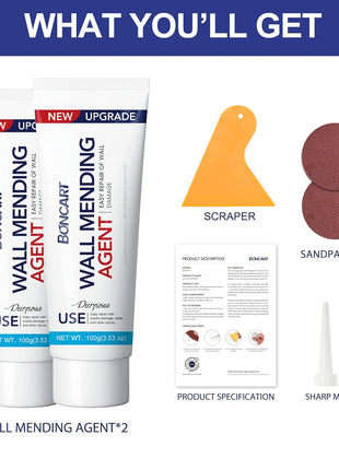 Drywall Repair Kit, 2-Pack Wall Mending Agent, Wall Spackle with Tools | Includes Scraper and Sandpaper. For Wall Surface Hole Fill, Quick And Easy Solution.