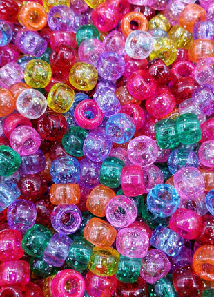 Amaney 500 Pieces Glitter Pony Beads 6x9mm Mixed Colors Transparent Plastic for Hair Braids Jewelry Making