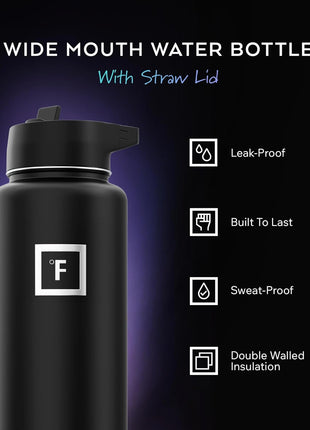 IRON °FLASK Camping & Hiking Hydration Flask with Straw, Wide Mouth Insulated Stainless Steel Sports Water Bottle - 40 oz Midnight Black
