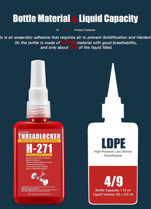 ESKONKE Red Thread Locker 271 Nuts & Bolts Locker High Strength Permanent Locking 1.69 Fl oz Threadlocker Lock Tight & Seal Fasteners Anaerobic Curing Metal Glue (271)