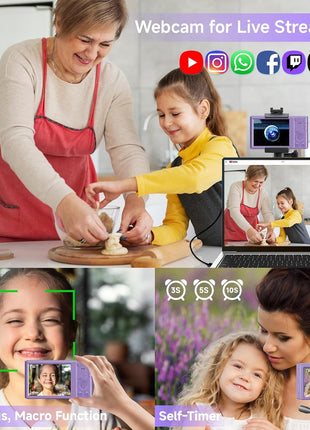 Digital Camera, FHD 4K Digital Camera for Kids Purple with 64GB SD Card 16X Digital Zoom, Cameras for Photography Compact Point and Shoot Camera for Teen Boys Girls Kids Autofocus Camera Digital