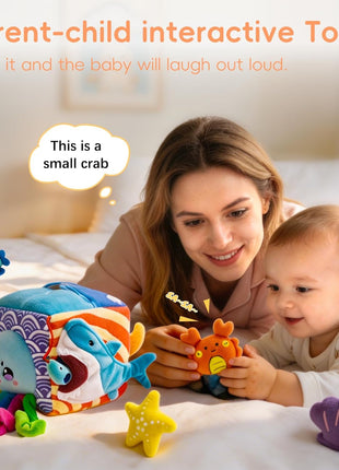 Baby Toys 6-12 Months, Montessori Sensory Toys with 5 Plush Sea Animals | Soft Mystery Box with Crinkle,Squeaky,Rattle & Mirror for Fine Motor Play & Multi-Sensory Learning,Gifts for Infants & Babies